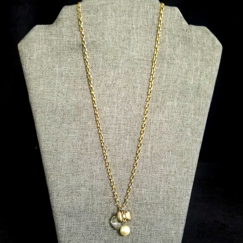 Betsey Johnson 21" Gold Tone Necklace with Bow and Heart Pendants